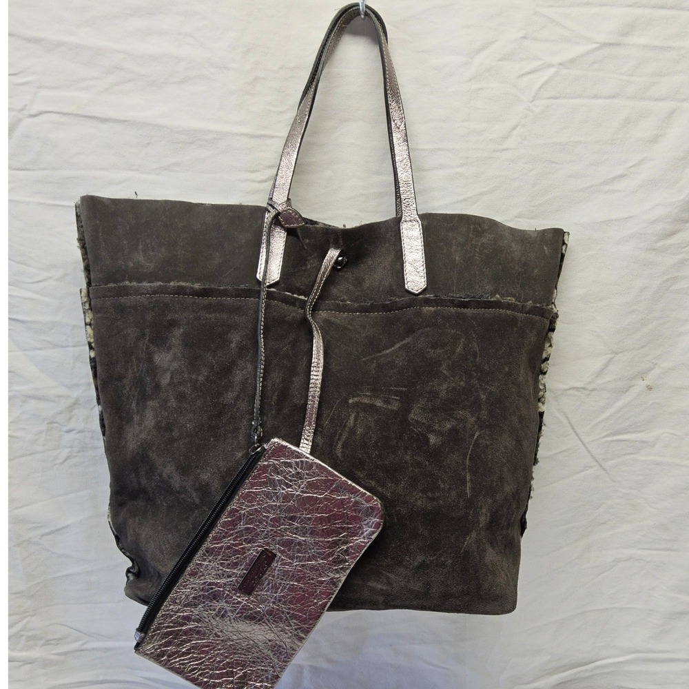 Baldinini Trend Tote Bag Womens Large Gray‎ Suede Shearling Italy Metallic